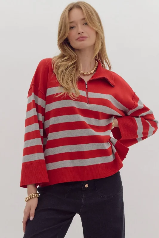 Women's Sweater with Ruffle Sleeves-Stripe Long Sleeve Collared Quarter Zip Top