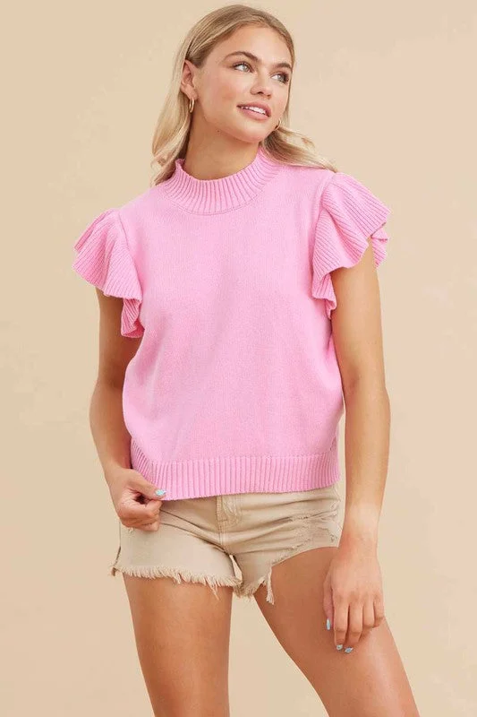 Women's Sweater for Designer Style-Solid Knit Top with Ruffle