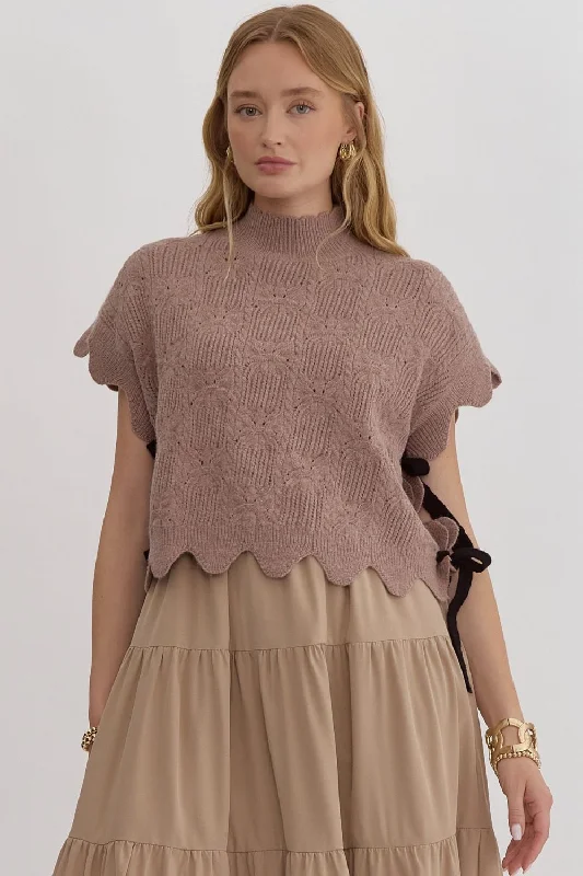 Women's Sweater with Puff Details-Solid Knitted Mock Neck Short Sleeve Top