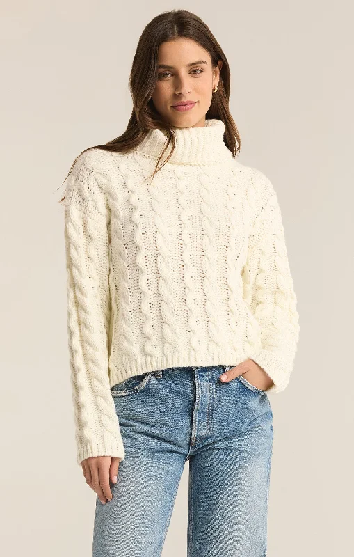 Women's Sweater for Warm Weather Layers-Z Supply Tied To You Cable Knit Turtleneck Sweater