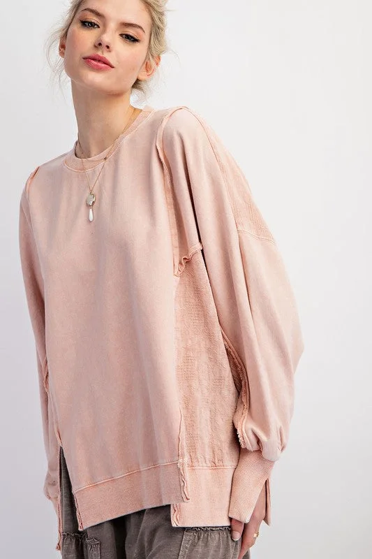 Women's Lightweight Pullover Sweater with Crew Neck-Lace Mix Mineral Washed Terry Knit Pullover Women's Lightweight Pullover Sweater with Crew Neck-Lace Mix Mineral Washed Terry Knit Pullover
