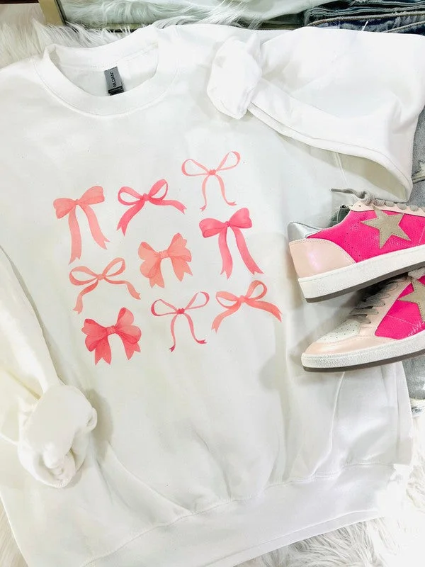 Women's Sweater with Front Buttons-Pink Bow Trio Stack Sweatshirt