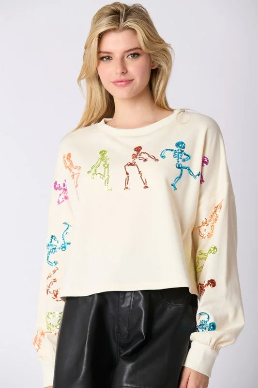 Women's Sweater with Layered Design-Dancing Skeletons Sequins Embroidery Sweatshirt