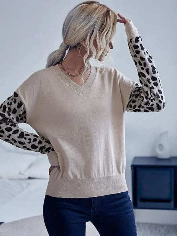 Women's Sweater for Date Night-V-Neck Knitted Sweater Top Women With Wild Print Sleeves