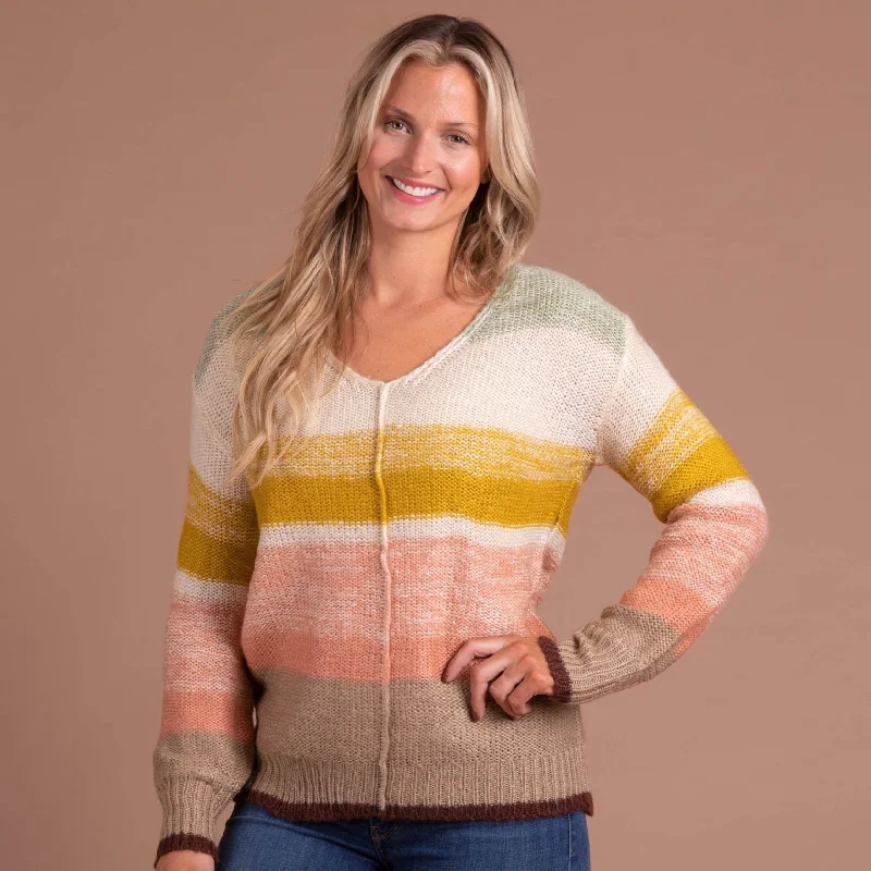 Women's Long Cardigan Pullovers Sweater-Colorful Stripes Pullover V-Neck Sweater