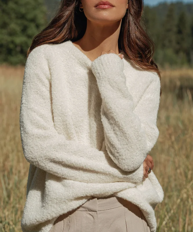 Women's Sweater with Round Hem-Alpaca Boucle Cocoon Crewneck