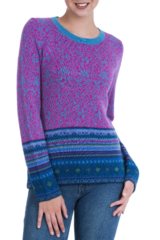 Women's Pullover Sweater with Side Slits-Andean Flowers 100% Alpaca Pullover in Fuchsia Floral from Peru