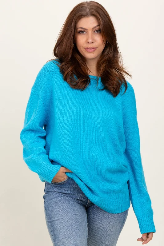 Women's Sweater for Cozy Nights-Aqua Soft Knit Basic Sweater