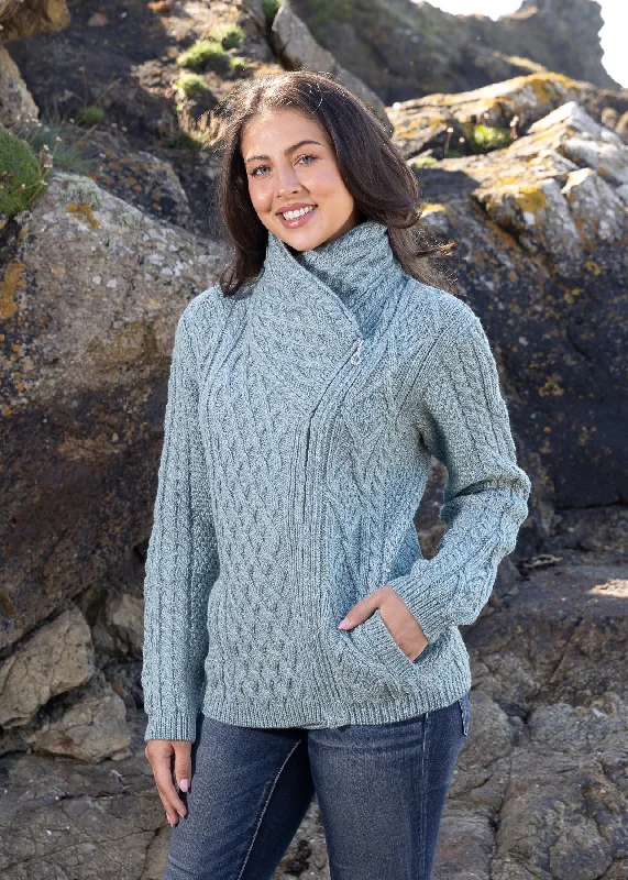 Women's Cardigans Sweater for Transitional Seasons-Aran Bikers Claddagh Side Zip Cardigan | Aqua Women's Cardigans Sweater for Transitional Seasons-Aran Bikers Claddagh Side Zip Cardigan | Aqua