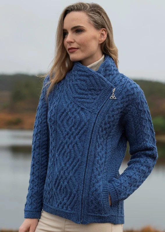 Women's Relaxed Fit Cardigans Sweater-Aran Shannon Side Zip Cardigan | Blue