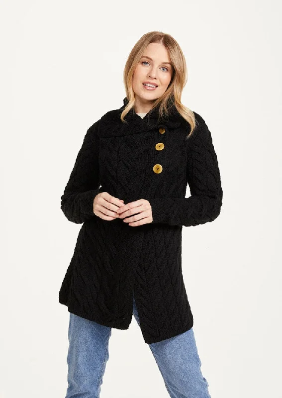 Women's Cardigans Sweater for a Stylish Winter Look-Aran 3 Buttoned Longline Cardigan | Black Women's Cardigans Sweater for a Stylish Winter Look-Aran 3 Buttoned Longline Cardigan | Black