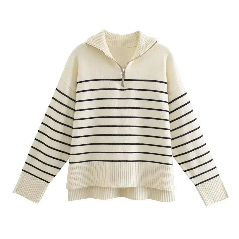 Women's Casual Knit Pullover Sweater for Chilly Days-Asymmetry Striped Pullover Sweaters