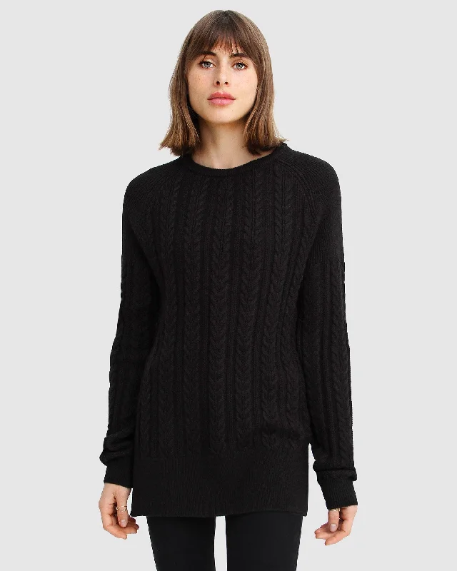 Women's Sweater with Fringe Detail-At Last Cable Knit Jumper With Slit - Black