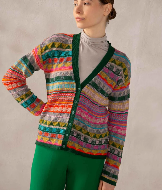 Women's Sweater for Cozy Weekend Vibes-Baby Alpaca Jacquard Vee Cardigan