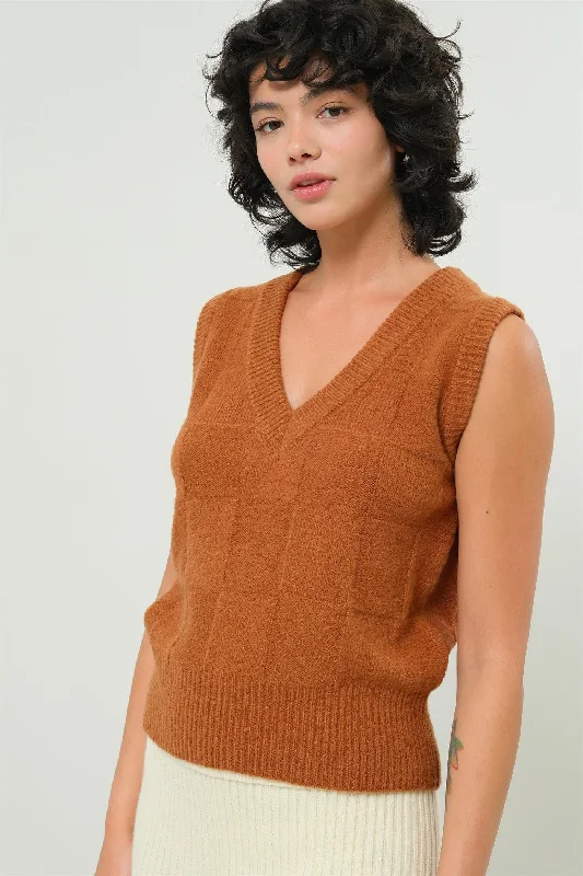 Women's Wool Vests Sweater-Basketweave Sweater Vest - Chocolate