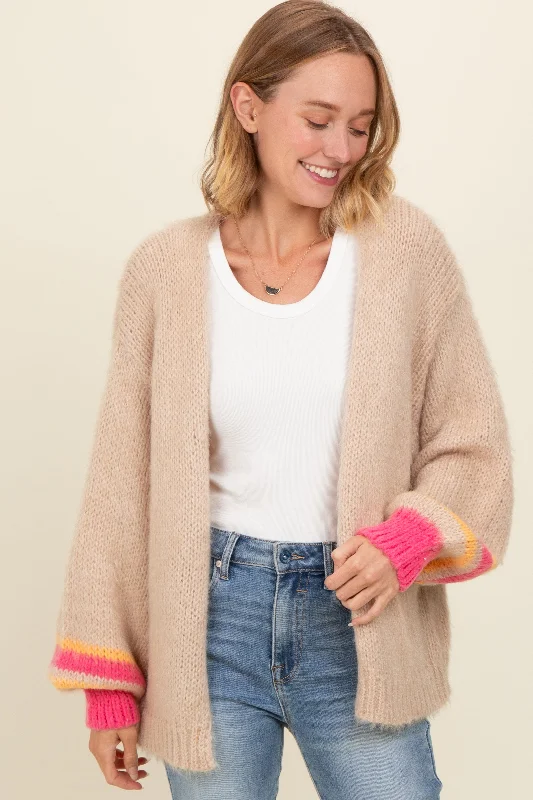 Women's Sweater for Statement Fashion-Beige Brushed Knit Striped Sleeve Cardigan