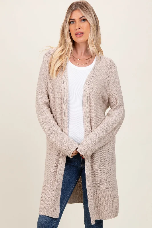 Women's Sweater with Fine Yarn-Beige Contrast Rib Long Open Cardigan