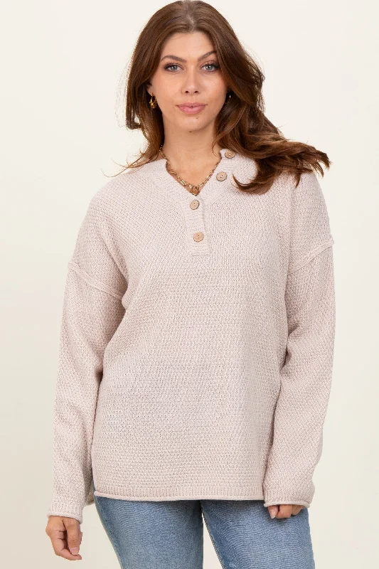 Women's Sweater with Soft Fabric-Beige Diamond Knit Button Detail Sweater