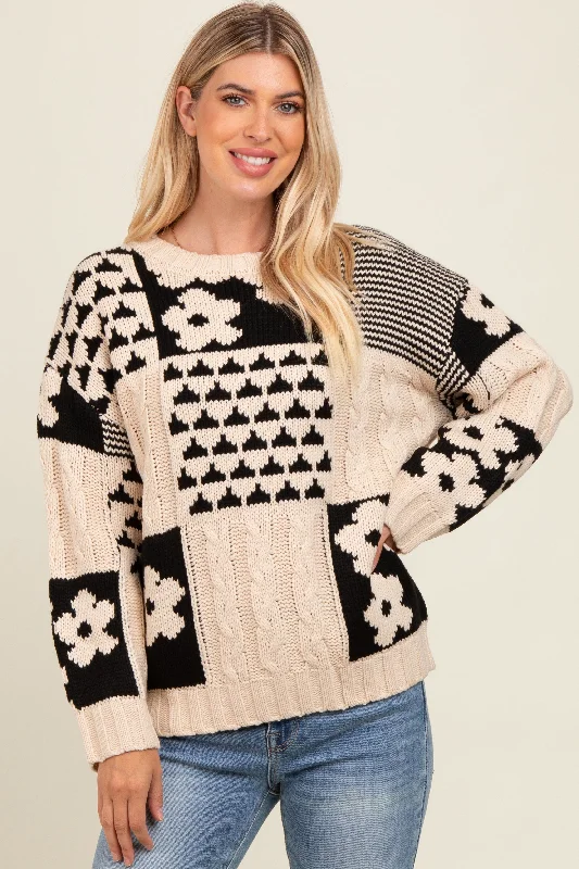 Women's Sweater for Holiday Celebrations-Beige Floral Mixed Print Cable Knit Sweater