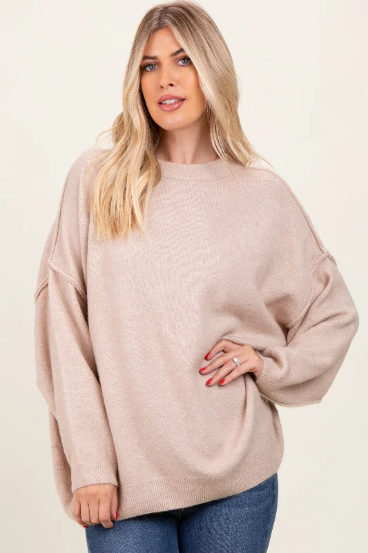 Women's Wool Sweater-Beige Oversized Crewneck Melange Knit Sweater