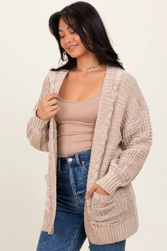 Women's Sweater with High Collar-Beige Two Toned Oversized Cable Knit Cardigan