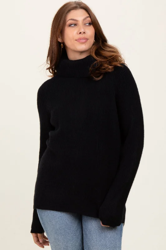 Women's Sweater for Evening Wear-Black Basic Ribbed Turtle Neck Sweater