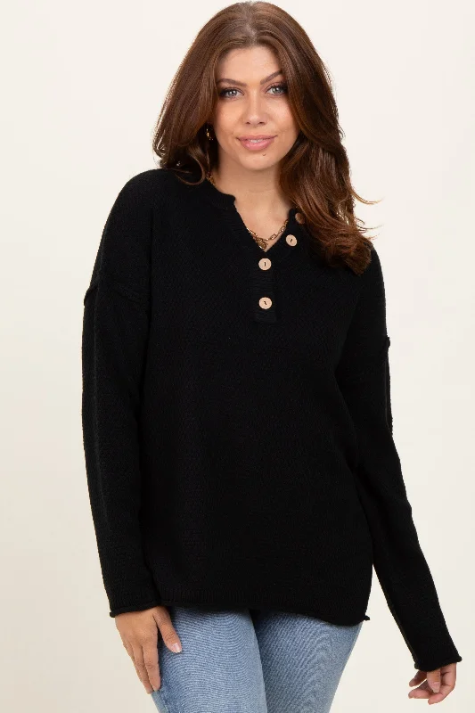 Women's V-neck Knit Sweater-Black Diamond Knit Button Detail Sweater