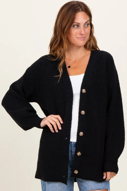 Women's Sweater with Color-coordinated Design-Black Knit Oversized Button Down V-Neck Cardigan Women's Sweater with Color-coordinated Design-Black Knit Oversized Button Down V-Neck Cardigan