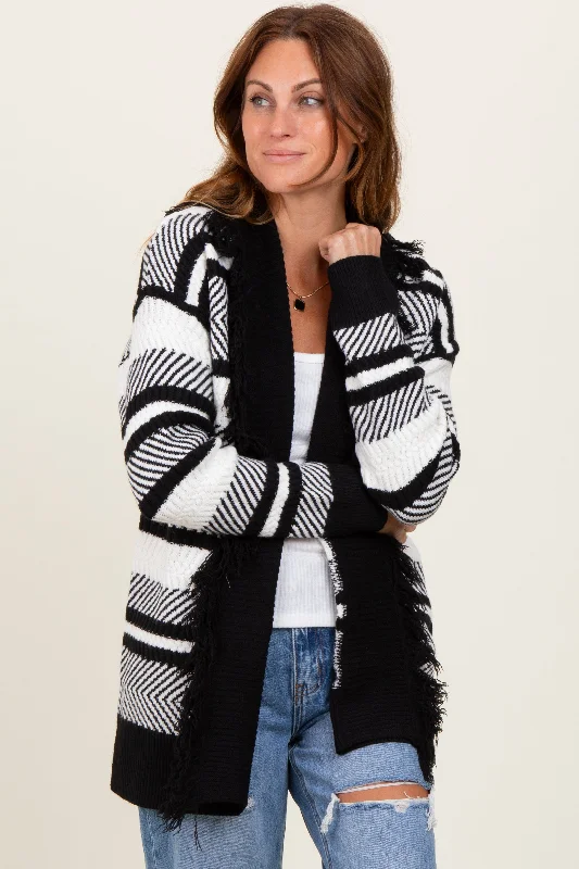 Cropped Women's Sweater-Black Mixed Stripe Fringe Shawl Collar Cardigan