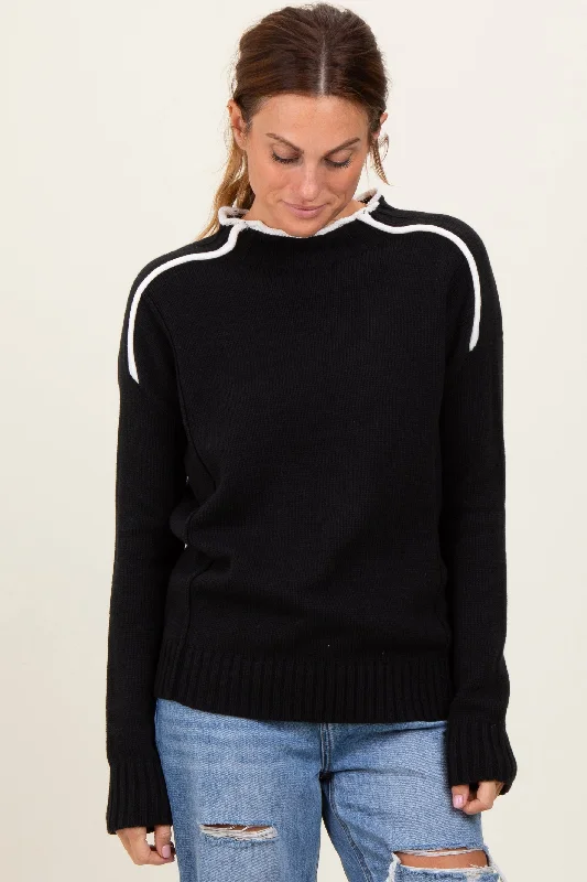 Women's Sweater with Long Knit Sleeves-Black Mock Neck Contrast Piping Sweater