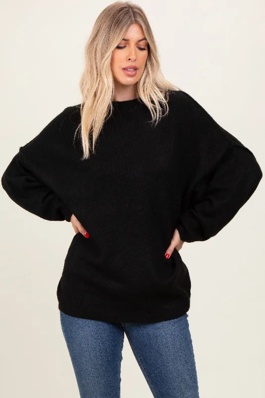 Women's High-neck Sweater-Black Oversized Crewneck Melange Knit Sweater
