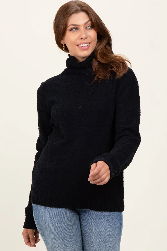 Women's Sweater with Silk Blend-Black Turtleneck Chenille Knit Sweater