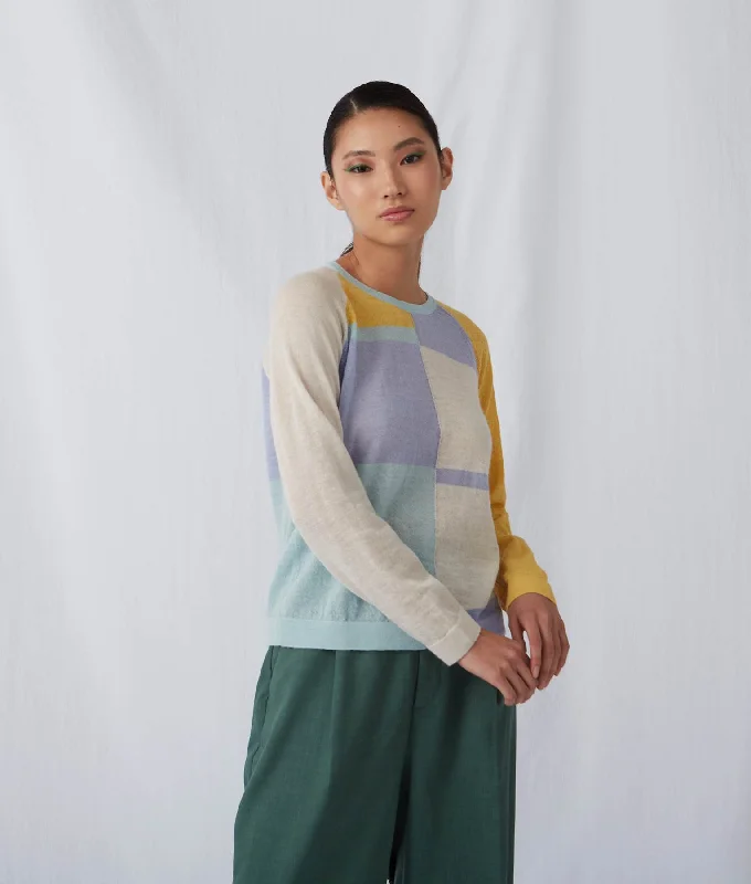 Women's Sweater for All-day Comfort-Blocked Intarsia Crew Sweater