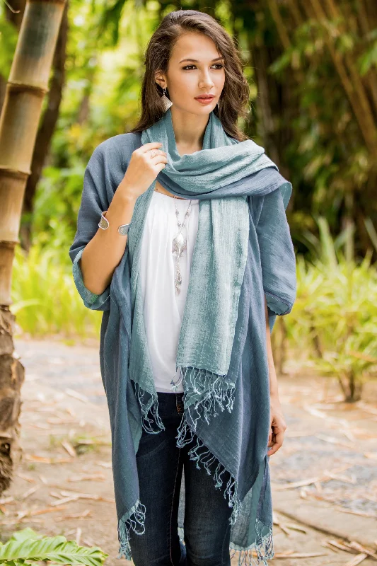 Women's Sweater Set with Chic Knit Design -Blue Mystique 100% Cotton Blue Jacket and Scarf Set from Thailand Women's Sweater Set with Chic Knit Design -Blue Mystique 100% Cotton Blue Jacket and Scarf Set from Thailand