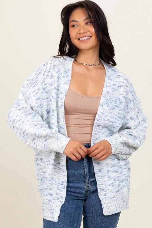 Women's Sweater with Cuffed Sleeves-Blue Speckled Chunky Knit Oversized Cardigan