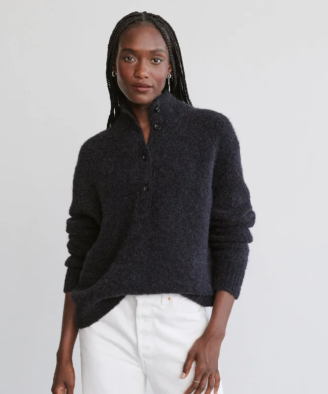 Women's Wool Knit Pullover Sweater with Puff Sleeves-Boucle Button Pullover