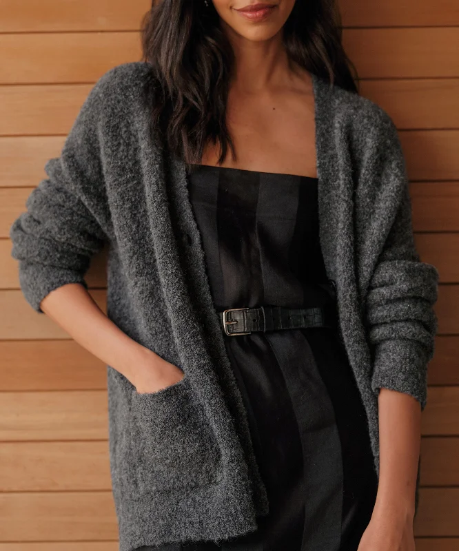 Women's Sweater with Folded Cuffs-Boucle Cocoon Cardigan