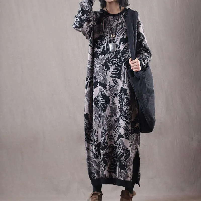 Women's Wool Knit Pullovers Sweater with Unique Design-Boutique Black Print Sweater Dress Plus Size Clothing O Neck Winter Dress Boutique Side Open Pullover Women's Wool Knit Pullovers Sweater with Unique Design-Boutique Black Print Sweater Dress Plus Size Clothing O Neck Winter Dress Boutique Side Open Pullover