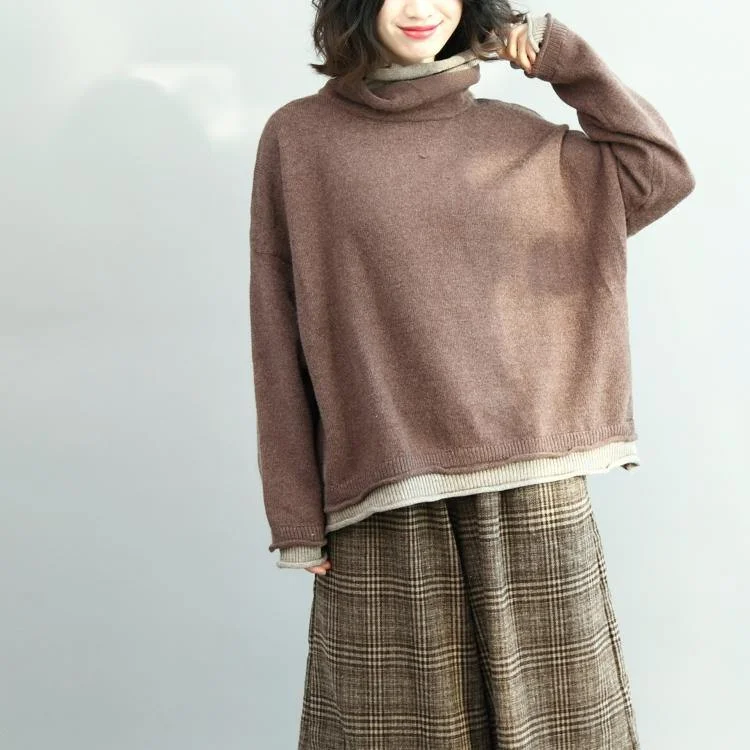 Women's Short Sleeve Blouses -boutique brown  knit sweaters Loose fitting high neck pullover boutique batwing sleeve blouse