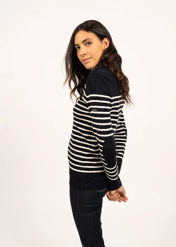 Women's Sweater for Smart-casual-BREGANCON - Breton Striped Sweater with Jacquard Elbow Patch for Women (NAVY / IVORY) Women's Sweater for Smart-casual-BREGANCON - Breton Striped Sweater with Jacquard Elbow Patch for Women (NAVY / IVORY)