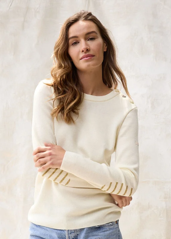 Women's Sweater for Outdoor Gatherings-BREGANCON - Breton Sweater with Jacquard Elbow Patch for Women (IVORY ) Women's Sweater for Outdoor Gatherings-BREGANCON - Breton Sweater with Jacquard Elbow Patch for Women (IVORY )