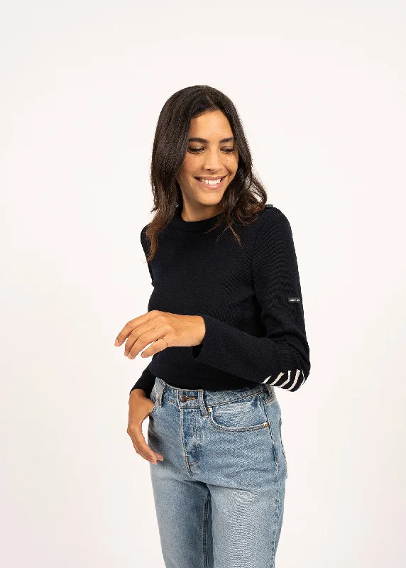 Women's Sweater with Intricate Knit Design-BREGANCON - Breton Sweater with Jacquard Elbow Patch for Women (NAVY) Women's Sweater with Intricate Knit Design-BREGANCON - Breton Sweater with Jacquard Elbow Patch for Women (NAVY)