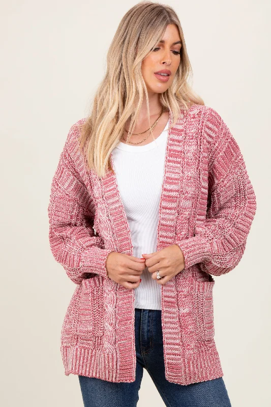 Women's Sweater with Bows-Brick Two Toned Oversized Cable Knit Cardigan