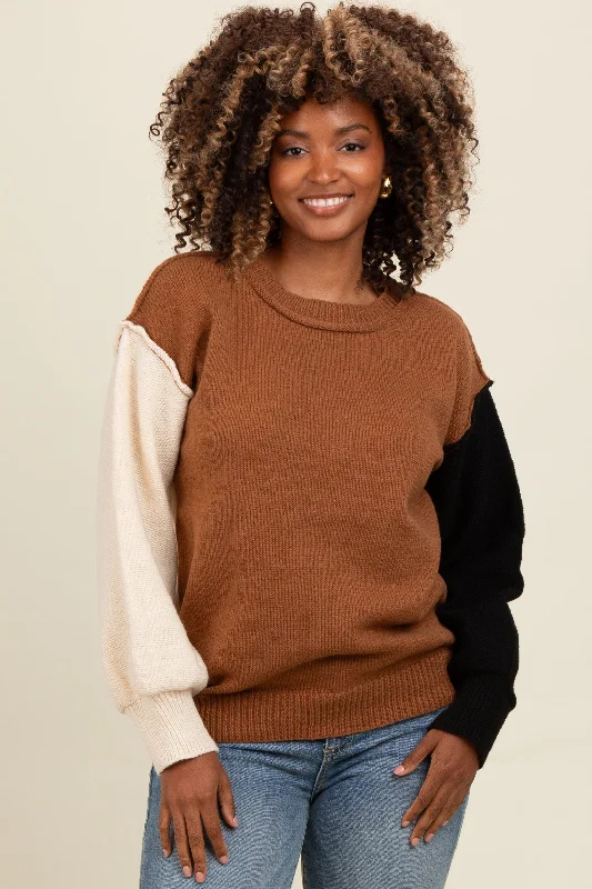 Women's Sweater with Slight Stretch-Brown Colorblock Sleeve Sweater