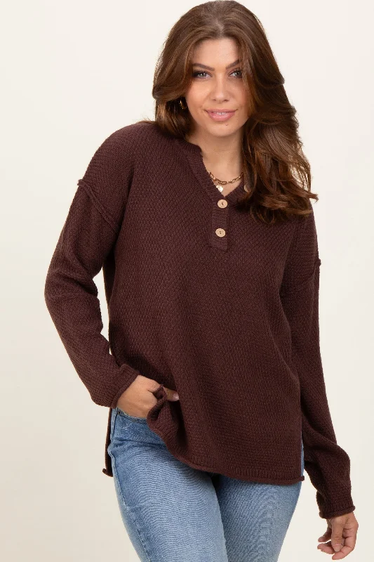 Women's Wool Blend Sweater-Brown Diamond Knit Button Detail Sweater