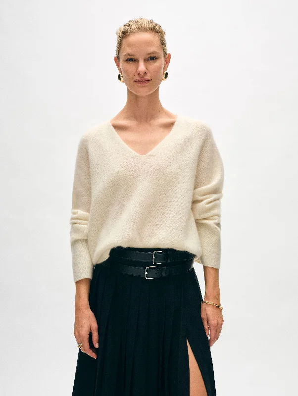 Women's Sweater with Ripped Detailing-Brushed Cashmere Easy V Neck
