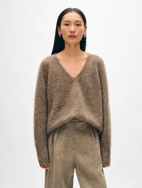 Women's Sweater for Bold Patterns-Brushed Cashmere Easy V Neck