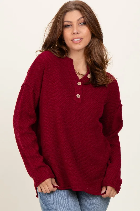 Women's Sweater with Sheer Sleeves-Burgundy Diamond Knit Button Detail Sweater