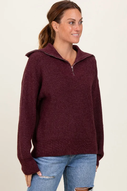 Women's Cozy Knit Pullover Sweater with Drop Shoulders-Burgundy Half Zip Chunky Knit Pullover Sweater