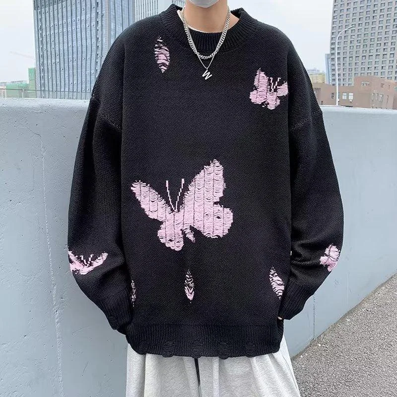 Women's Knit Sweater with Vintage Look -Butterfly Distressed Knitted Sweater